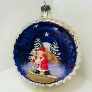 Vintage Mercury Glass Diorama Christmas Ornament Santa With Bag Walking Italy