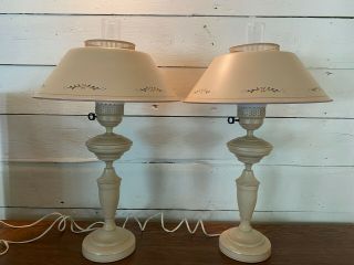 Set Of 2 Vintage Beige Hurricane Table Lamps Metal Shades W/ Multi Color Design