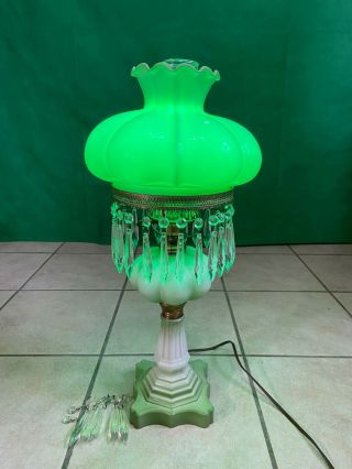 Vintage Hurricane Green/White with Hanging Crystals Table Lamp 3
