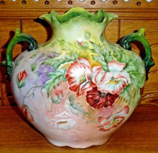 Vintage Hand Painted Floral Porcelain 2 Handle Vase - 8 3/4 "
