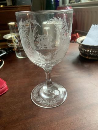 Vintage Etched Coupe Crystal Large Wine Glass Initaled R Great Valentine Gift