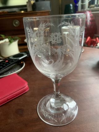 Vintage Etched Coupe Crystal Large Wine Glass Initaled R Great Valentine Gift 3
