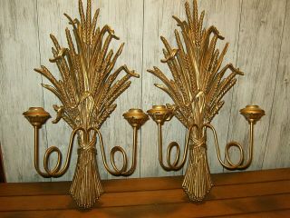 Vintage Mid Century Ethan Allen Wall Sconce Pair Gold Wheat Sheaf Made In Usa