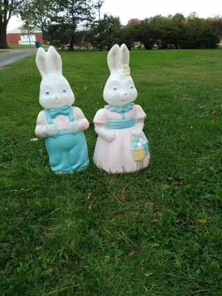Vintage Easter Bunny Rabbit Blow Mold Pair Boy & Girl Lighted Plastic 25”