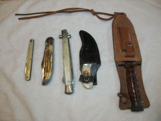 5 Assorted Knives - 2 Fixed Blades With Sheaths - 3 Folding Knives - Good Cond.