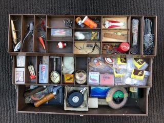 Vtg Kennedy Tackle Box Full Of Tackle,  Lures,  Reel,  Rods,  Flies And Other Stuff