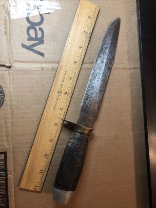 Antique 12 " Fighting Knife W/ Brass Guard & Leather Handle Metal Butt 7.  5” Blade