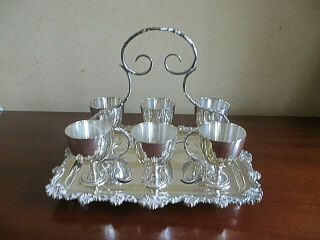 Antique/vintage W M & S Ornate Silver Plated Mini Goblets On Non Spill Tray