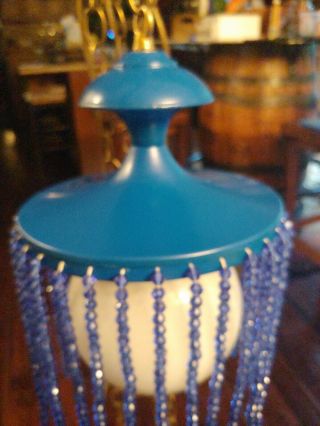 Vintage 1970s Retro Blue Beaded Hanging Pendant Swag Lamp Light