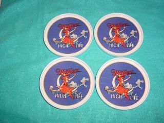 4 Vintage Miller High Life Plastic Beer Coaster " Girl On The Moon " Made In Italy