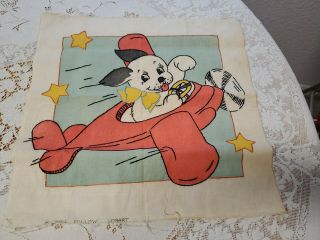 Vintage Vogart Tinted Embroidered Pillow Cover Dog Flying Airplane