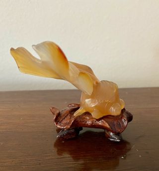 Agate Hand Carved Koi Goldfish On Wooden Stand Vintage Chinese Jade Figurine