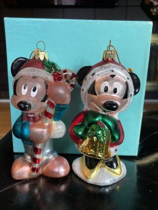 Vintage Disney Minnie Mickey Mouse Painted Glass Christmas Ornament Decor Set