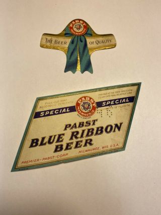 Vintage Beer Bottle Label Pabst Blue Ribbon Beer W/ Neck Label 12oz Irtp