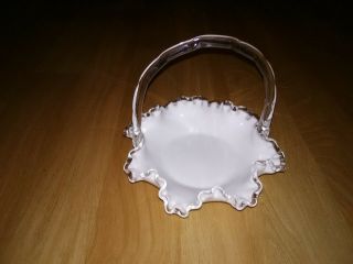 Vintage Fenton White Milk Glass Candy Dish/ruffled Edges/glass Handle Unsigned