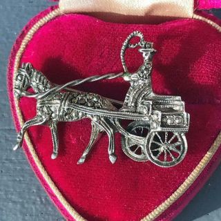 Vintage 925 Sterling Silver Marcasite Horse Carriage Rider Pin Brooch