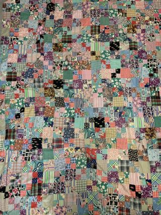 Vintage Handmade Patchwork Square Quilt Blanket Colorful Prints 66”x 84” 50s