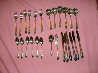 Vintage26 Piece National Silver Co Silver Plated Flatware Rose Pattern Service 6