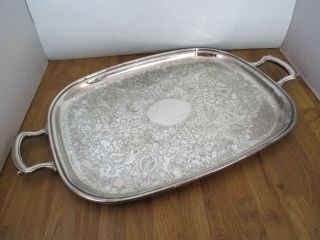 Vintage Large Silver Plate Brass Heavy Solid Patterned Butlers Serving Tray