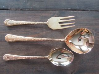 Wm Rogers & Son Gold Plated Silverware Serving Spoon Enchanted Rose Pattern