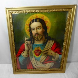 Vintage Sacred Heart Of Jesus 18 X22 Print In Wood Frame
