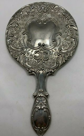 Vintage Antique Heavy Silver Plated Ornate Vanity Hand Mirror 9.  5 " X 5.  25 " Rare