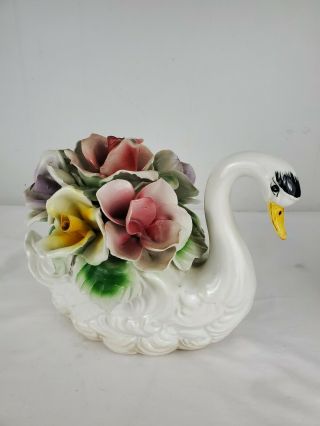 Vintage Capodimonte Swan With Roses Sculpture,  Made In Italy,  9.  25l " X 8 " T