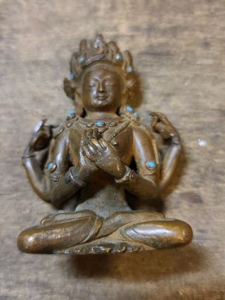 Buddhist 3 " Chanrezig Figure Statue Vtg Metal Bronze Brass Patina Oxidized