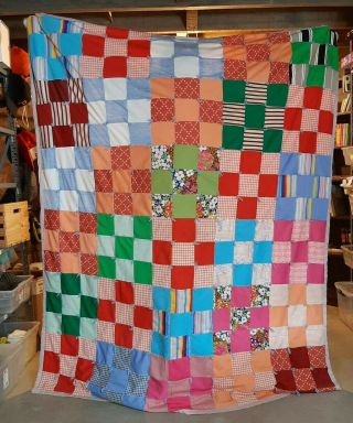 Vintage Handmade Retro Poly Patchwork Quilt Full Or Twin Xl Size 83 " X73 "