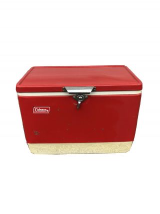 Vintage 1970s Red Metal Coleman Cooler Ice Chest With Locking Handle Mid Century