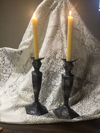 Dutch Repousse Silver Plate Octagonal Candlesticks - Matching Pair