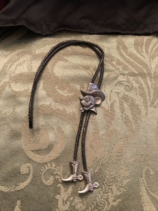 Pewter Disney Cowboy Mickey Mouse Bolo Tie W/ Synthetic Braided Tie Cowboy Boot