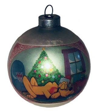 Vintage Disney Pluto Christmas Ornament Glass Bulb Sleeping Front Of Tree Theme