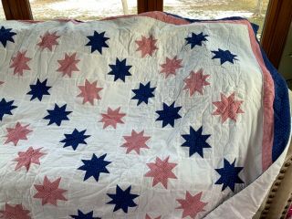 Vintage Handmade Hand Stitched Stars Red And Blue On White 86 By 90