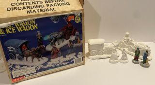 Vtg Wee Crafts Accents Unlimited Christmas Village Fire Wagon Ice Wagon Figures