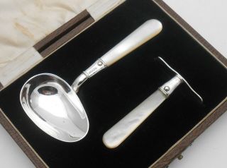 Mother Of Pearl & Silver Plated Baby Feeding Cutlery Set (wear) Vintage - Cased