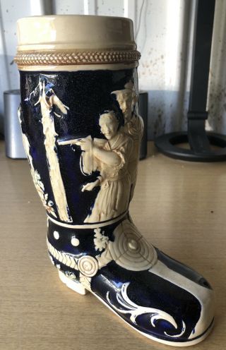 Vintage German 9” Beer Boot Stein Hand Painted Ceramic Hunter Motif