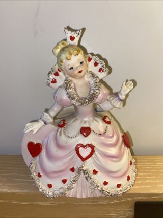 Vintage Japan Ceramic Valentines Girl With Hearts Planter Figurine Relpo A918