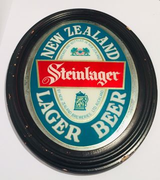 Vtg Zealand Steinlager Beer Bar Sign Mirror Wood Frame 18.  75” X 14.  75” Oval