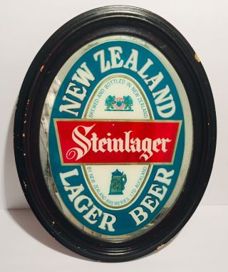 Vtg Zealand STEINLAGER Beer Bar Sign Mirror Wood Frame 18.  75” X 14.  75” Oval 2