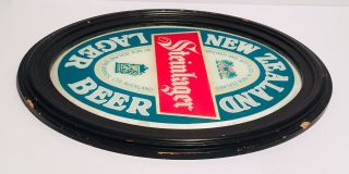 Vtg Zealand STEINLAGER Beer Bar Sign Mirror Wood Frame 18.  75” X 14.  75” Oval 3