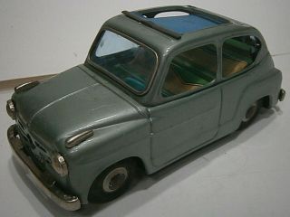 Vintage Bandai Fiat 600 Tin Car With Pull Back Roof Cover Japan 7 " Rag Top