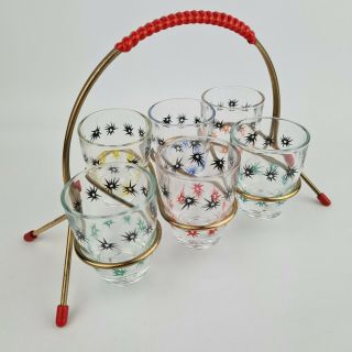 Vintage 50/60s Barware Shot Glasses & Holder Sputnick Atomic Stand Retro Kitsch