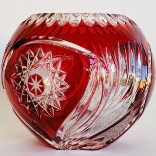 Vintage Bohemian Czech Art Glass Ruby Red Cut To Clear Crystal Rose Bowl Vase 5 "