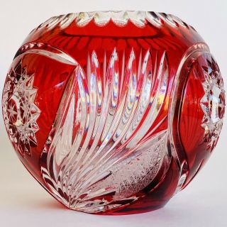 Vintage Bohemian Czech Art Glass Ruby Red Cut to Clear Crystal Rose Bowl Vase 5 