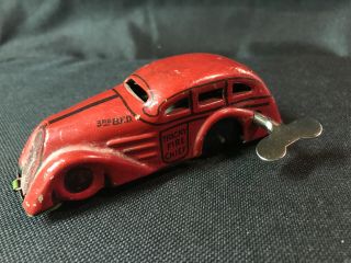 Vintage 1930’s Marx Tin Wind - Up Toy Tricky Fire Chief Car W/ Key