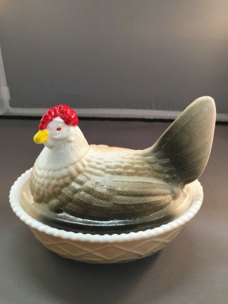 Vintage Westmoreland Hen On Nest - - White Milk Glass With Painted Accents 2