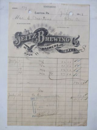 Seitz Brewing Statement Document 1913 Easton Pa Framed