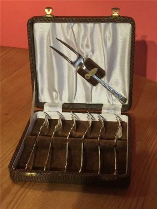 6 X Vintage Silver Plated Epns Cake Forks With Serving Fork - Boxed