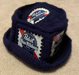 Vintage Pabst Blue Ribbon Crochet Beer Can Cap Retro Handmade Hippie Art